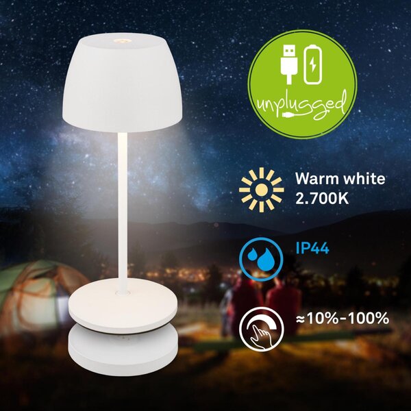 BRILONER Serina Mini LED stolní lampička bezdrátová IP44, stmívatelné, s nabíjecí základnou, bílé 7504016