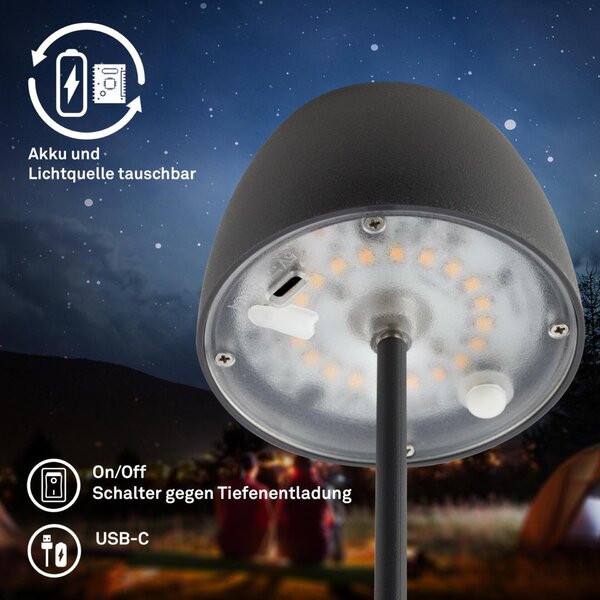 BRILONER Serina Mini LED stolní lampička bezdrátová IP44, stmívatelné, s nabíjecí základnou, antracit 7504015