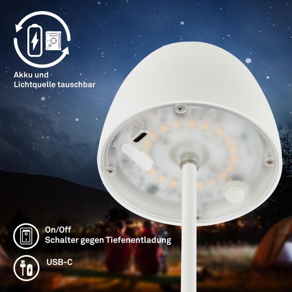 BRILONER Serina Mini LED stolní lampička bezdrátová IP44, stmívatelné, s nabíjecí základnou, bílé 7504016