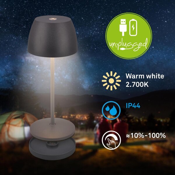 BRILONER Serina Mini LED stolní lampička bezdrátová IP44, stmívatelné, s nabíjecí základnou, antracit 7504015
