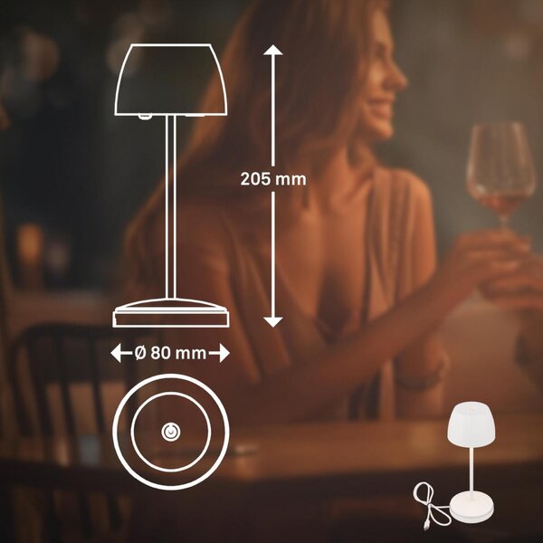 BRILONER Serina Mini LED stolní lampička bezdrátová IP44, stmívatelné, s nabíjecí základnou, bílé 7504016