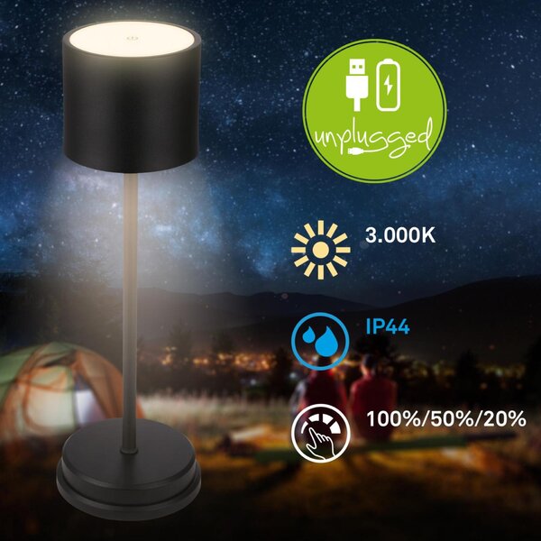 BRILONER Sigo LED stolní lampička bezdrátová IP44, stmívatelné, s nabíjecí základnou, černá 7521015