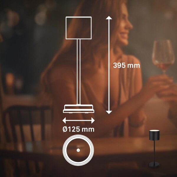 BRILONER Sigo LED stolní lampička bezdrátová IP44, stmívatelné, s nabíjecí základnou, černá 7521015