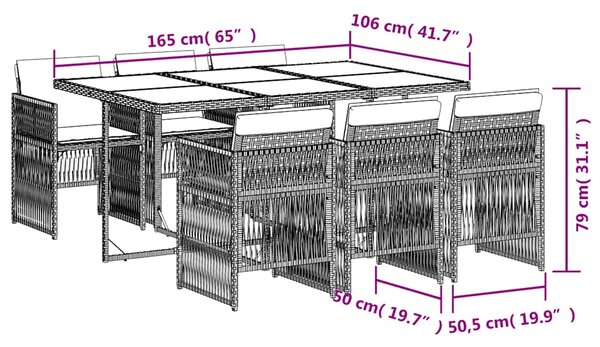 7dílný zahradní jídelní set s poduškami šedý polyratan 3210908