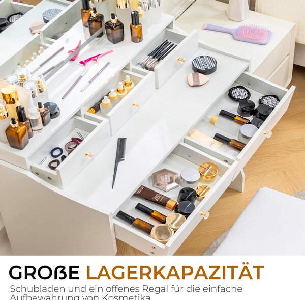 Toaletní stolek se zrcadlem a LED, 5 zásuvek, 80 x 40 x 135 cm, se zásuvkami na taburet + nastavitelné LED osvětlení, bílý