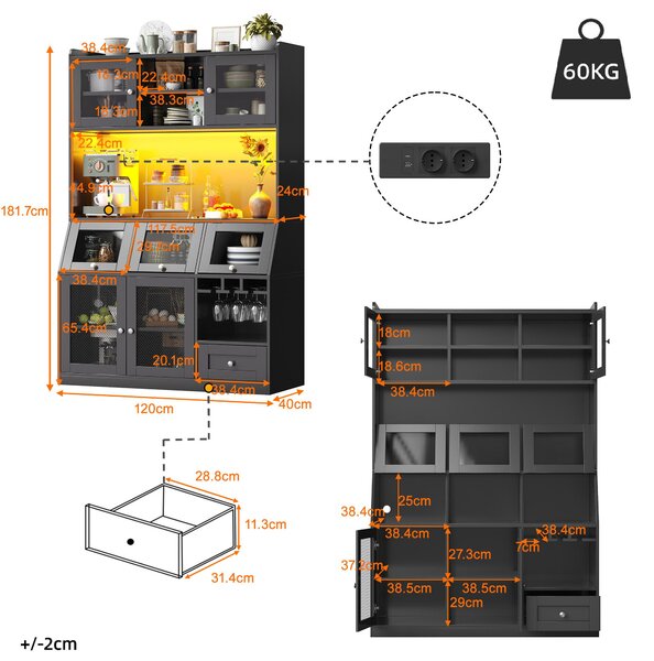 Kuchyňské skříňky Flieks s USB portem, LED osvětlením, skleněnými dvířky, vysokou skříní s prostornou pracovní deskou, příborníky 120 x 40 x 181,7 cm, černé