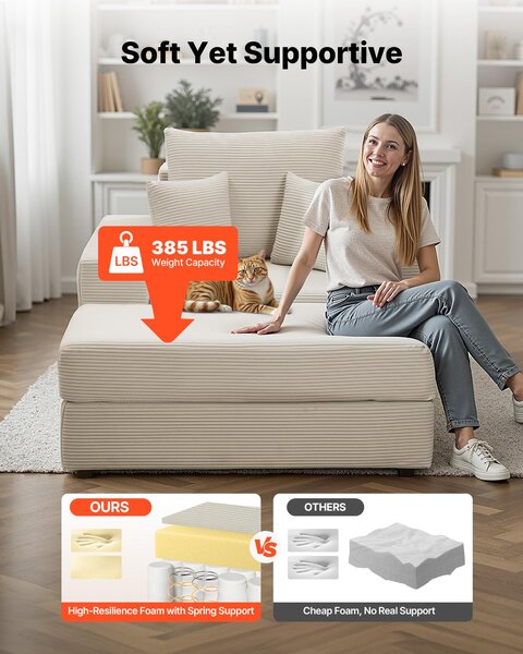 SucceBuy Modulární pohovka chaise longue 1115 mm, Pohodlné lounge křeslo z manšestru s polštáři, područkami a hlubokým sedákem, ideální do obývacího pokoje nebo ložnice, béžová barva