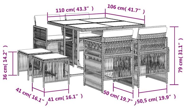 9dílný zahradní jídelní set s poduškami šedý polyratan 3210956