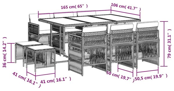 11dílný zahradní jídelní set s poduškami černý polyratan 3210967
