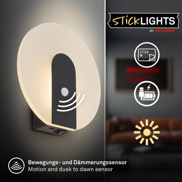 BRILONER Taro nástěnné svítidlo - 2,5W, 100lm, bezdrátové, LED, s pohybové čidlo, černá 3889015