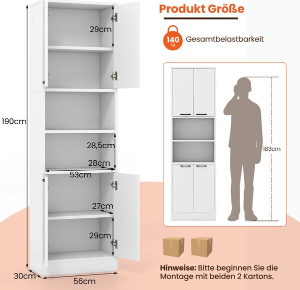 COSTWAY 190 cm vysoká kuchyňská skříňka, vysoká skříňka s dvířky, policemi, bezpečnostními závěsy a ochranou proti překlopení, příborník volně stojící víceúčelová skříňka do jídelny, obývacího pokoje bílá