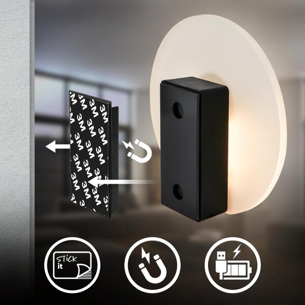 BRILONER Taro nástěnné svítidlo - 2,5W, 100lm, bezdrátové, LED, s pohybové čidlo, černá 3889015