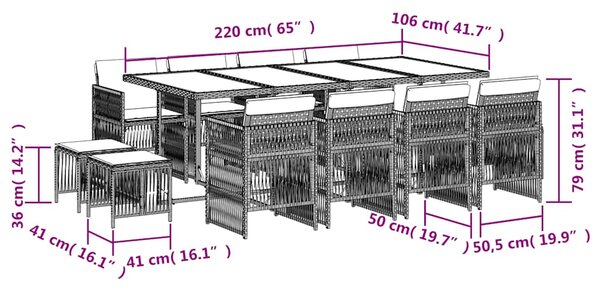 13dílný zahradní jídelní set s poduškami mix béžové polyratan 3210984