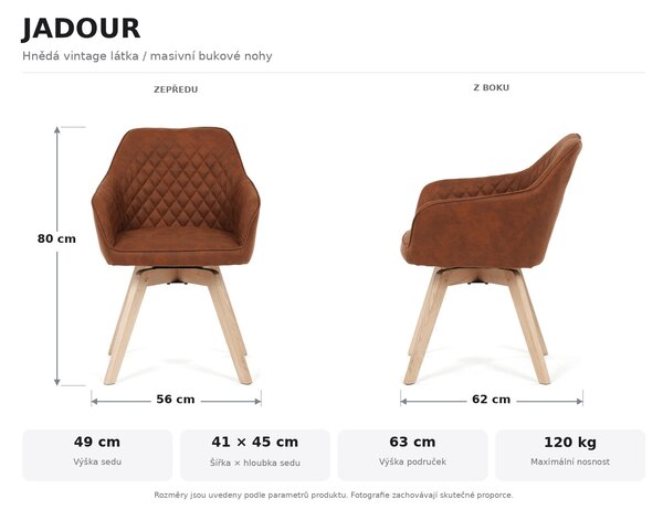 Jídelní otočná židle JADOUR - hnědá látka vintage / masivní dřevěné nohy
