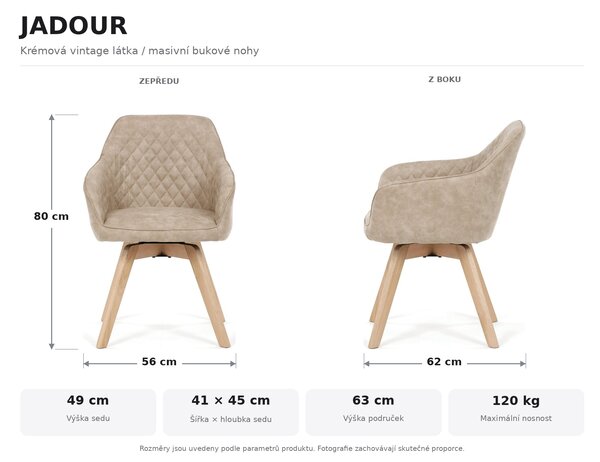 Jídelní otočná židle JADOUR - krémová látka vintage / masivní dřevěné nohy