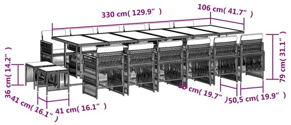 17dílný zahradní jídelní set s poduškami černý polyratan 3211002
