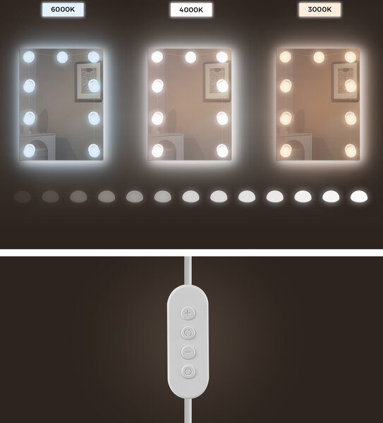 Toaletní stolek VASAGLE s 9 LED světly, 3 nastavitelné barvy světla, toaletní stolek se zrcadlem, nastavitelné police, 2 zásuvky