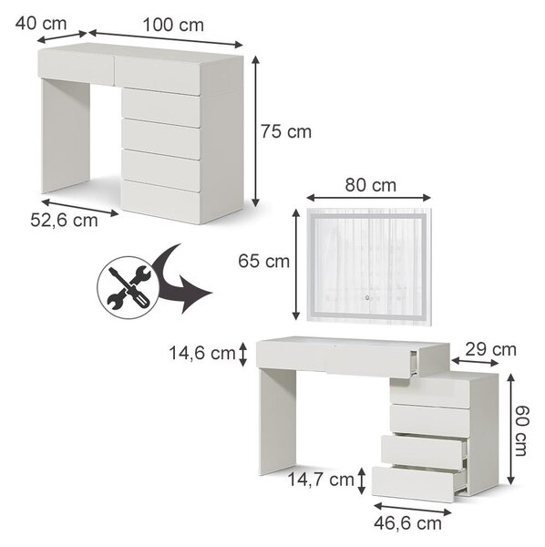 Toaletní stolek Vicco Alvia Bílá 100 cm s LED zrcátkem, Model 65351