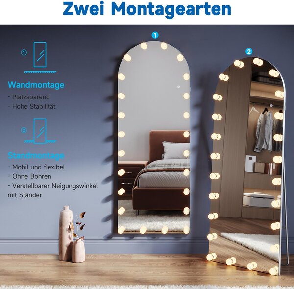 SONNI 160 x 60 x 3,5 cm Bílé zakřivené stojící kosmetické zrcadlo s osvětlením a objímkou LED žárovky, podporuje montáž na stěnu