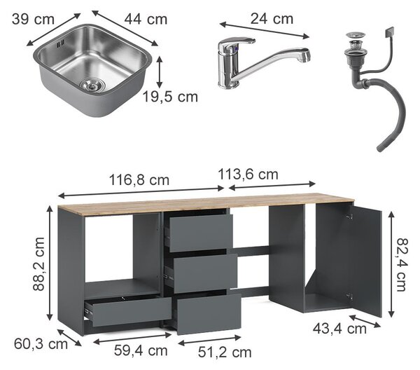 Spodní skříňka kuchyňské linky Vicco Viktor Antracit/Zlatý mocný dub s dřezem a kohoutkem, Model 63447