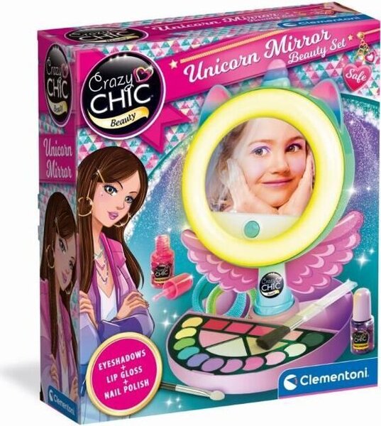 CLEMENTONI Kosmetické zrcátko Jednorožec s osvětleným rámečkem, make-up, doplňky pro vlasy a nehty, od 7 let