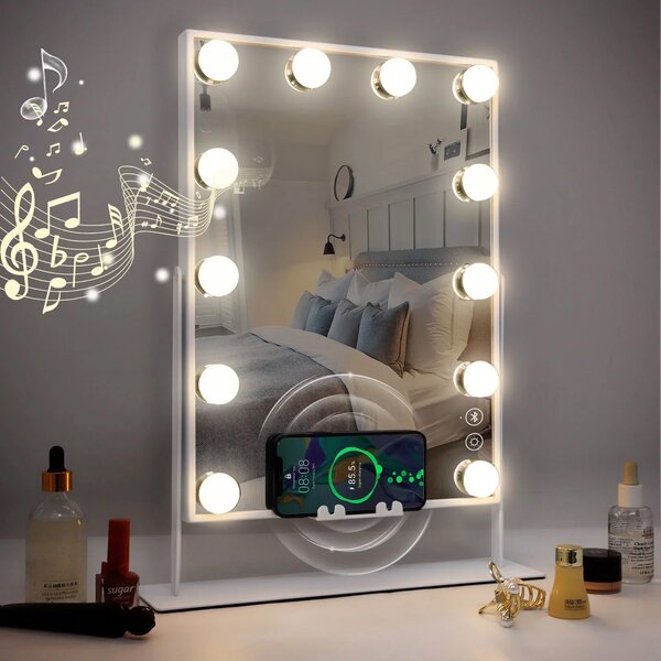 VANITII Make-up zrcadlo s osvětlením 30 x 41 cm LED osvětlení 12 stmívačů 3 barevné režimy Bluetooth make-up zrcadlo otočné o 360° pro toaletní stolek