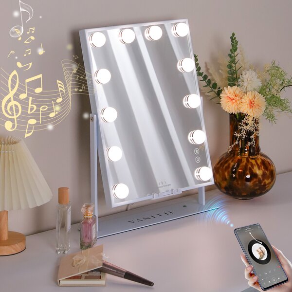 VANITII Make-up zrcadlo s osvětlením 30 x 41 cm LED osvětlení 12 stmívačů 3 barevné režimy Bluetooth make-up zrcadlo otočné o 360° pro toaletní stolek