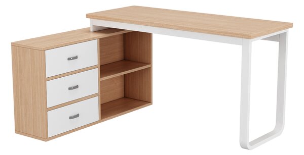 Psací stůl Flieks se skříní, 135x50x75,3 cm, toaletní stolek ve tvaru L v moderním stylu, kancelářský stůl se 3 zásuvkami, přírodní provedení