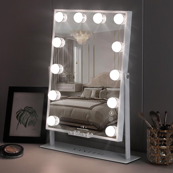 VANITII Make-up zrcadlo s osvětlením 30 x 41 cm LED osvětlení 12 stmívačů 3 barevné režimy Bluetooth make-up zrcadlo otočné o 360° pro toaletní stolek