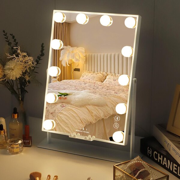 VANITII Make-up zrcadlo s osvětlením 30 x 41 cm LED osvětlení 12 stmívačů 3 barevné režimy Bluetooth make-up zrcadlo otočné o 360° pro toaletní stolek