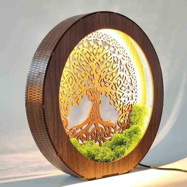 Strom života LED lampa ze dřeva a mechu | ZIVENA: HDF - Ořech 20 cm 4785-115180 LED0610