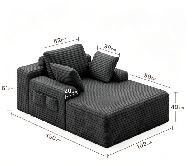 BEALIFE Modulární křeslo AR69, rozměry 102x150x61 cm, s područkami a bočními kapsami | Látka s texturou corduroy, barva antracitová | Vhodné do čítárny a obývacího pokoje