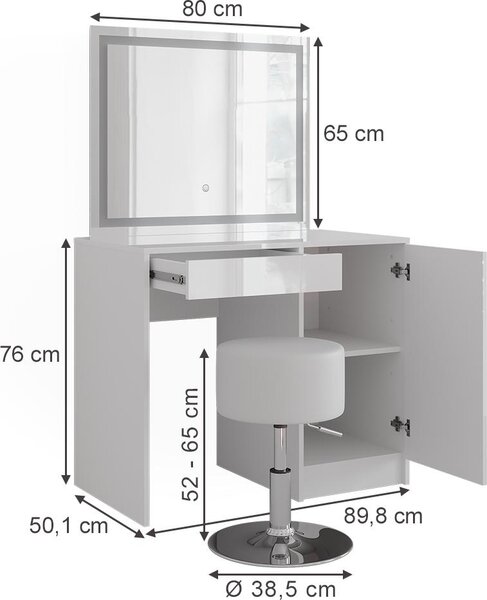 Toaletní stolek Vicco Sherry Bílá/bílý vysoký lesk 89.8 cm s LED zrcadlem a stoličkou, Model 57705