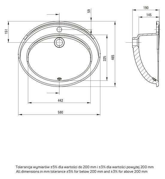 Deante Round umyvadlo 58x46.3 cm oválné zápustný bílá lesk CGR_6U6B