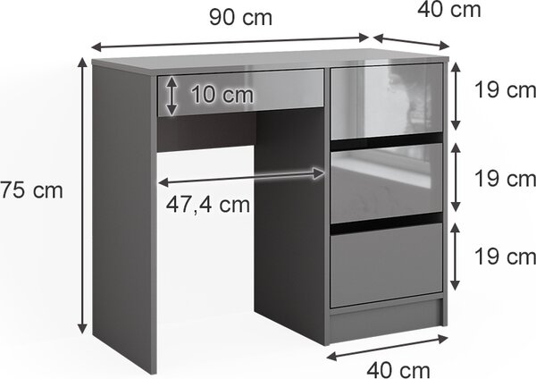 Toaletní stolek Vicco Sherry Šedá s vysokým leskem 90 cm se 4 zásuvkami, Model 41280
