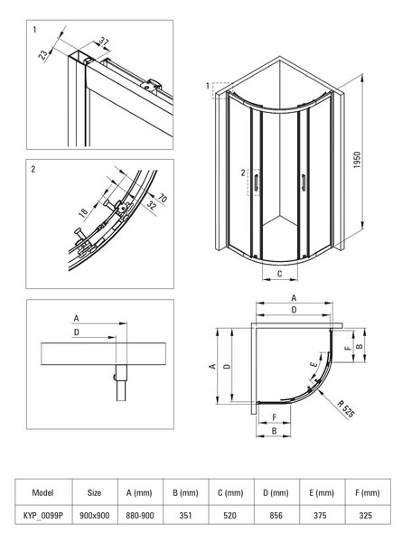 Deante Funkia Evo sprchový kout s vaničkou 90x90 cm půlkulatá černá matný/vzorované sklo KYPPND99P