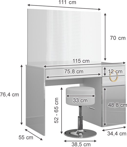 Toaletní stolek Vicco Adela Bílá 115 cm s taburetem, Model 40856