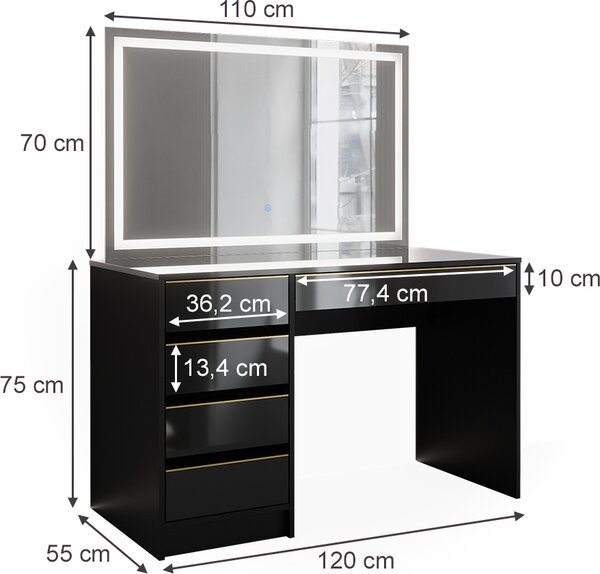Toaletní stolek Vicco Sherry Černá/zlatá 120 cm se zrcadlem LED, Model 47713