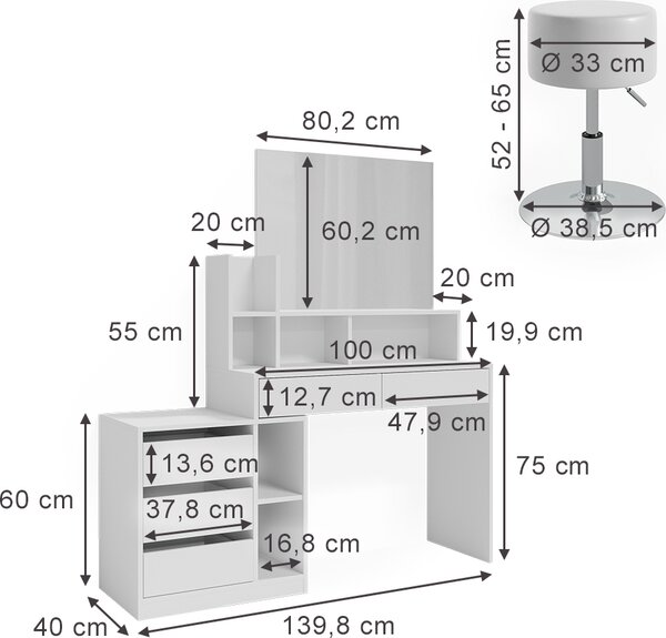 Toaletní stolek Vicco Anja Bílá 139.8 cm se stoličkou, Model 41332
