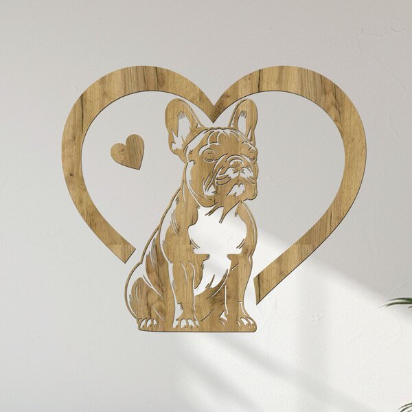 Dřevěná samolepka Francouzského buldočka v srdci | Rozměry (cm): 40x35 | Zvolte barvu dekoru: Buk