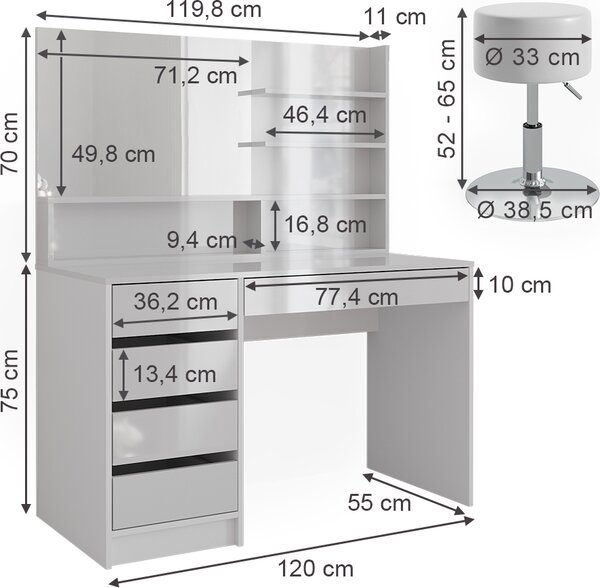 Toaletní stolek Vicco Sherry Bílá 120 cm se stoličkou, Model 41291