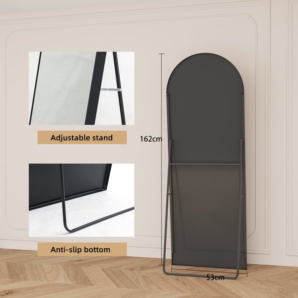 Obloukové kosmetické zrcadlo z tvrzeného skla, černý hliníkový rám, 1620x530 mm, elegantní moderní design do ložnice, šatny nebo koupelny