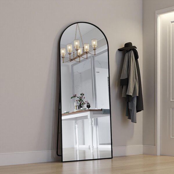 Obloukové kosmetické zrcadlo z tvrzeného skla, černý hliníkový rám, 1620x530 mm, elegantní moderní design do ložnice, šatny nebo koupelny