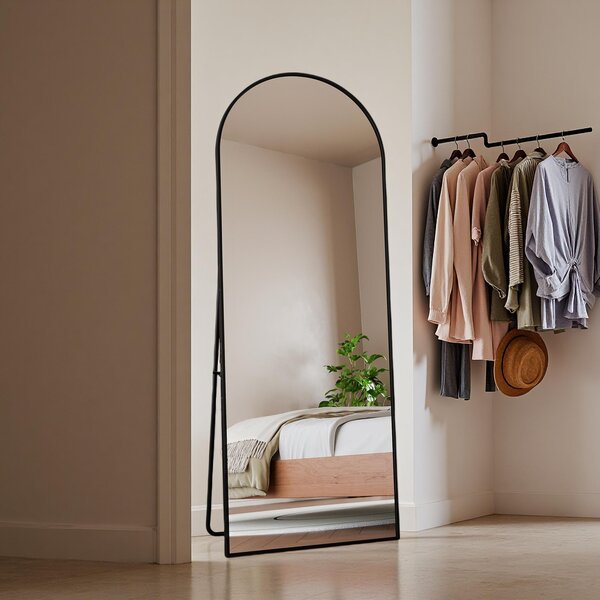 Obloukové kosmetické zrcadlo z tvrzeného skla, černý hliníkový rám, 1620x530 mm, elegantní moderní design do ložnice, šatny nebo koupelny