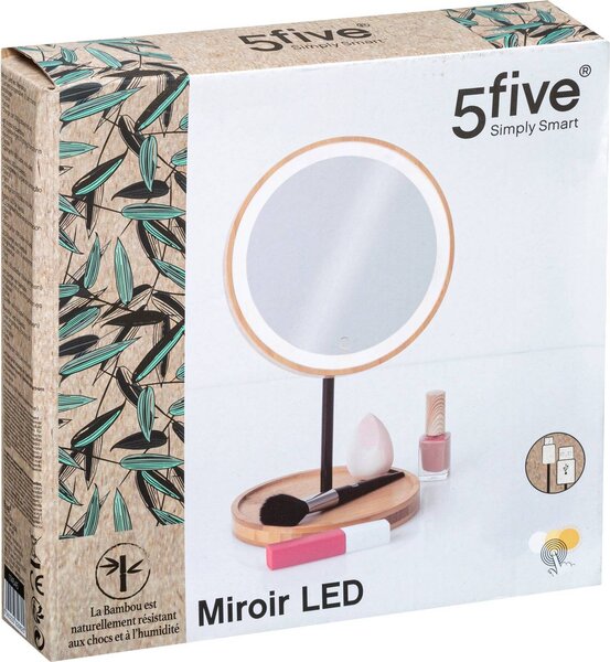 LED kosmetické zrcatko, kulaté, bambusové
