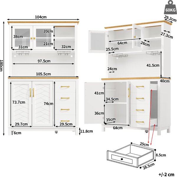 Kuchyňská skříňka Flieks s LED lištou a držáky na nápoje, boční skříňka se 4 dvířky, úložná skříňka 105,5 x 40 x 180 cm, bílá