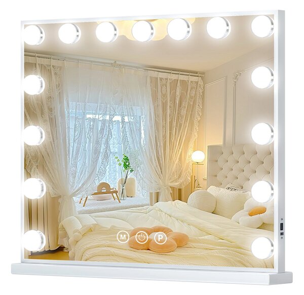 VANITII Hollywoodské kosmetické zrcadlo 58 cm x 46 cm s osvětlením 15 stmívačů 3 světelné režimy kosmetické zrcadlo pro koupelnový toaletní stolek bílé barvy