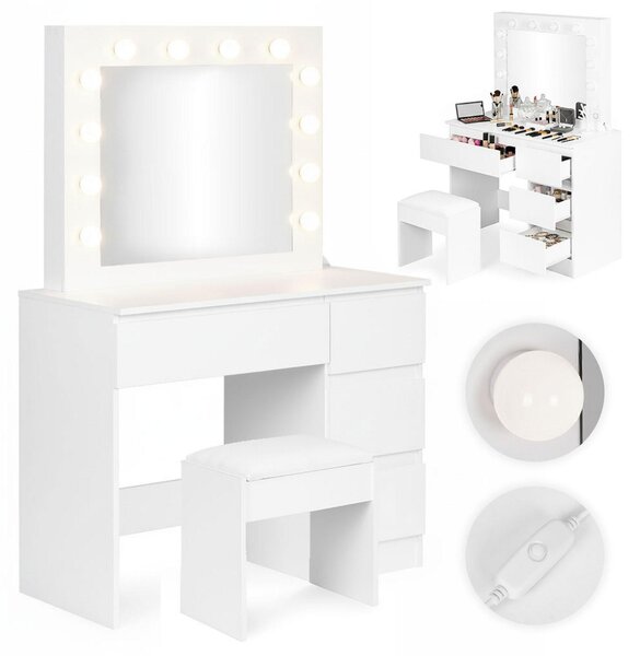 ModernHome MRDT09 Toaletní stolek se zrcadlem a LED osvětlením + taburet, bílý