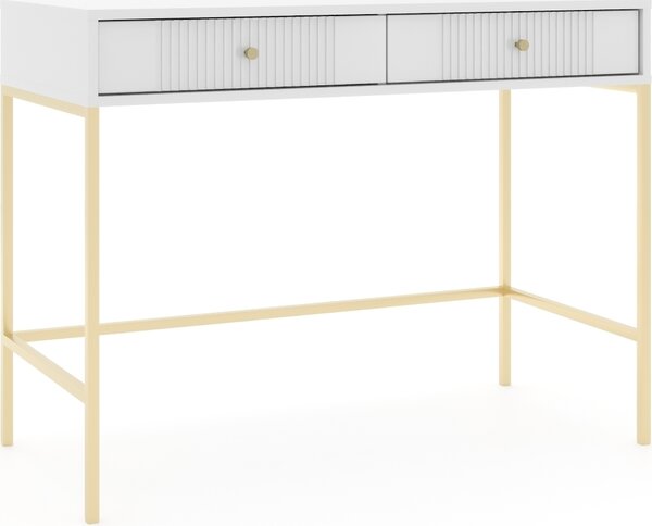 Kosmetický stolek: dvě zásuvky, bílá barva, zlaté nohy, výška 79 cm