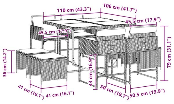 9dílný zahradní jídelní set s poduškami šedý polyratan 3211316